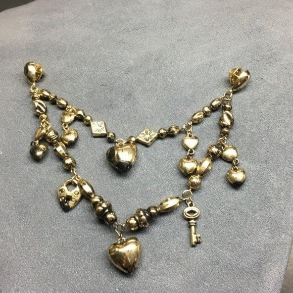 Jewelry - Collar Tack Pin Gold Necklace As Is Heart Lock Key Dangle Diamond Retro BoHo